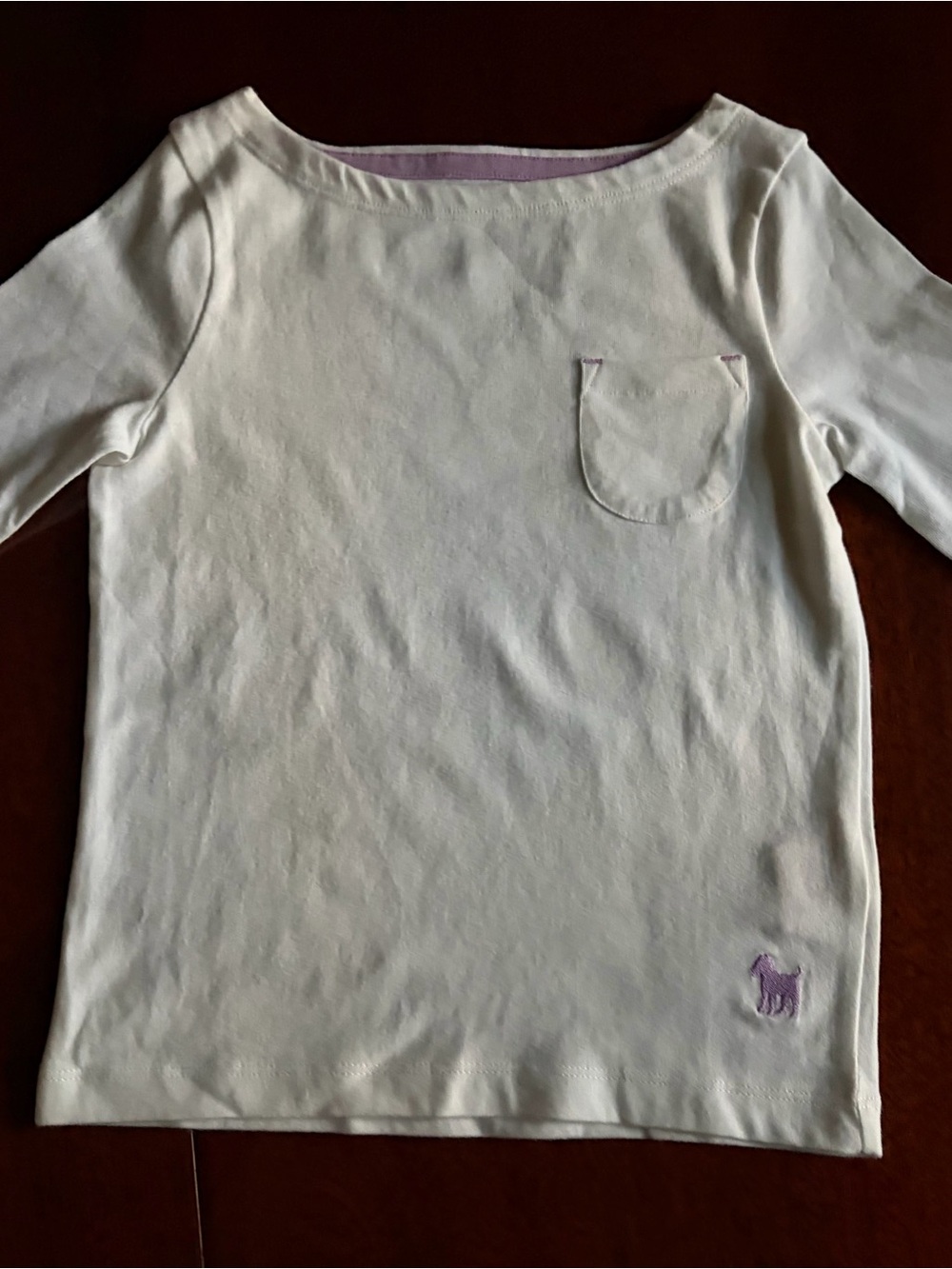 Mini Boden White Long-Sleeve Tee with Lilac Embroidered Puppy